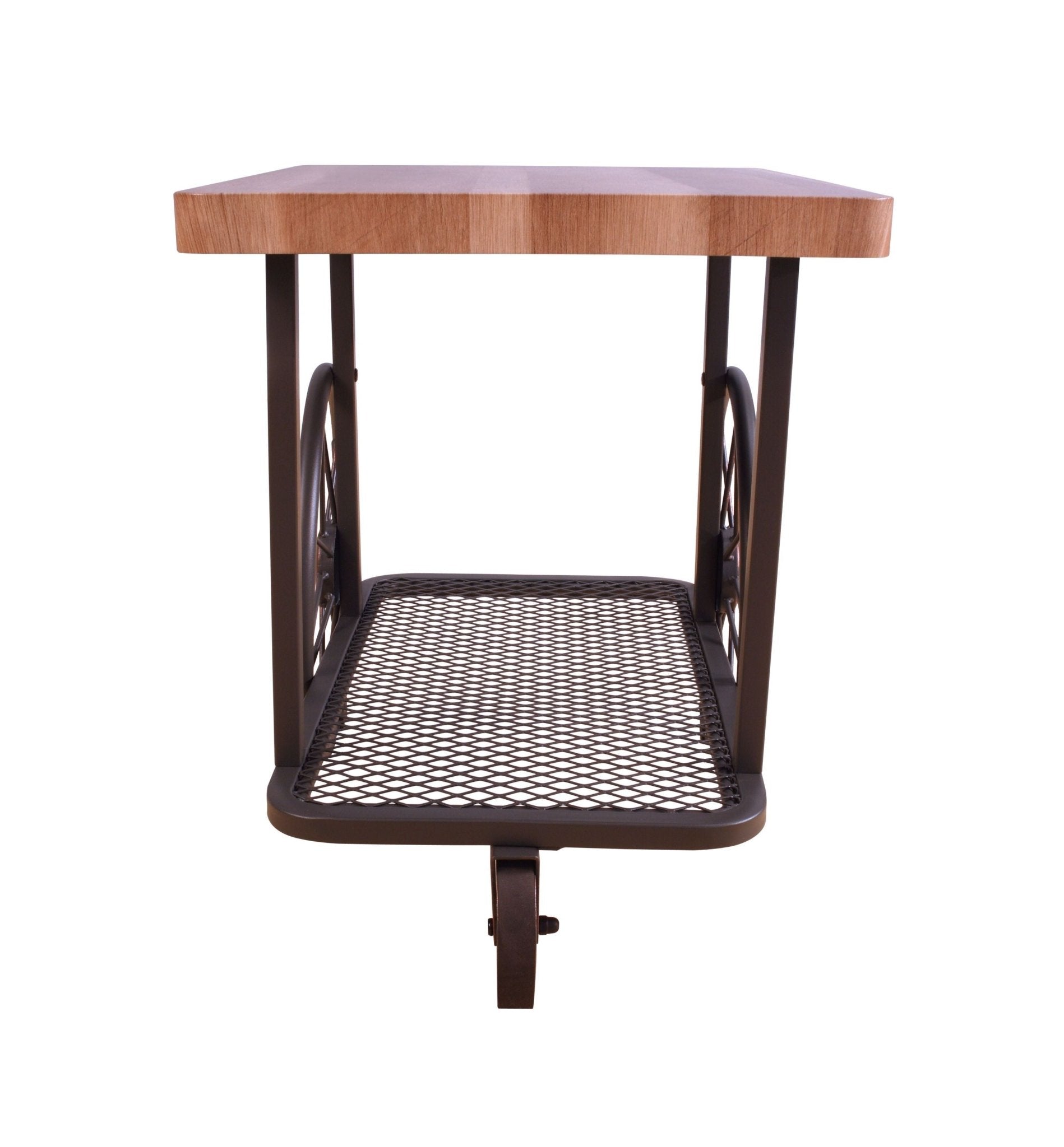 Industrial Oak End Table with Metal Mesh Shelf & Wheels - 1st Choice Furniture Direct