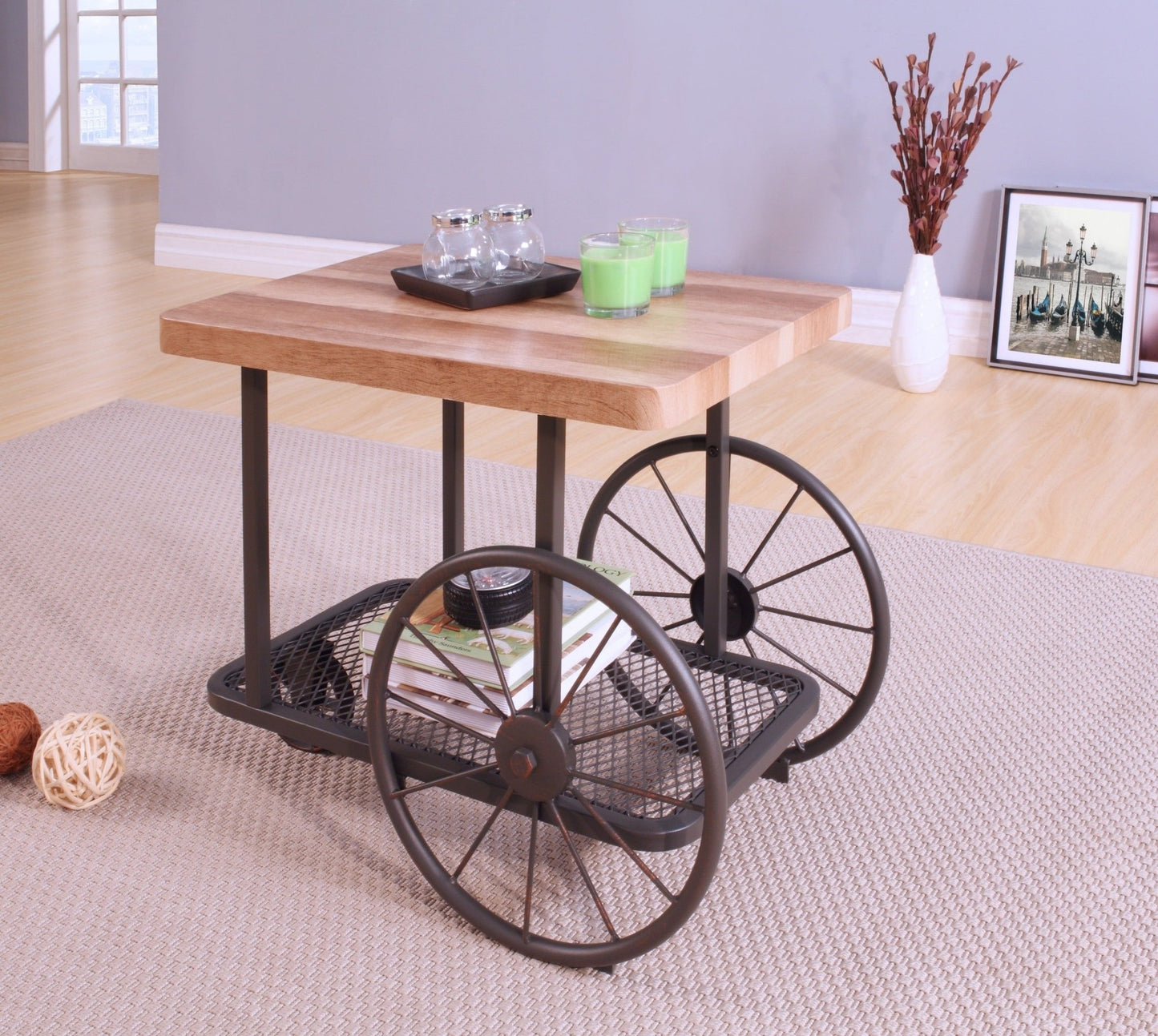 Industrial Oak End Table with Metal Mesh Shelf & Wheels - 1st Choice Furniture Direct