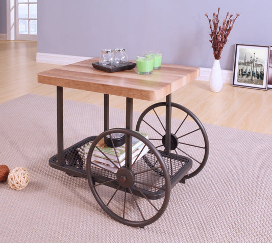 Industrial Oak End Table with Metal Mesh Shelf & Wheels - 1st Choice Furniture Direct