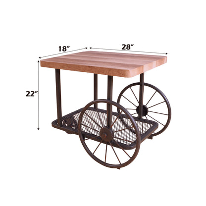 Industrial Oak End Table with Metal Mesh Shelf & Wheels - 1st Choice Furniture Direct
