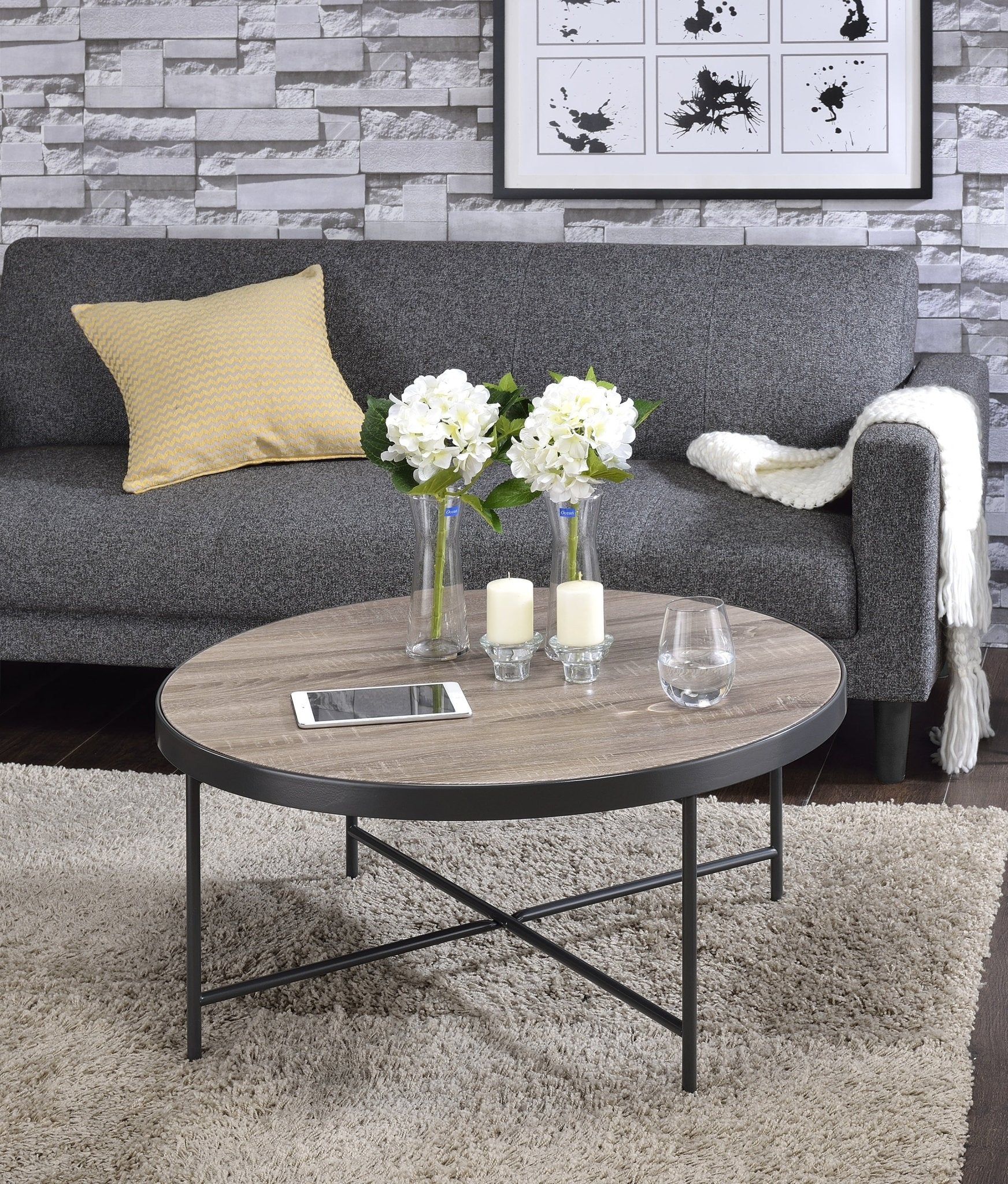 Industrial Oak Round Coffee Table with Metal Trim - 1st Choice Furniture Direct