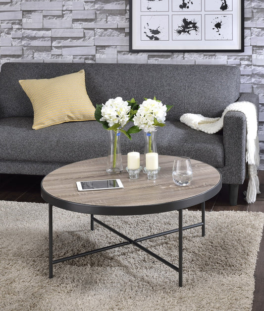 Industrial Oak Round Coffee Table with Metal Trim - 1st Choice Furniture Direct