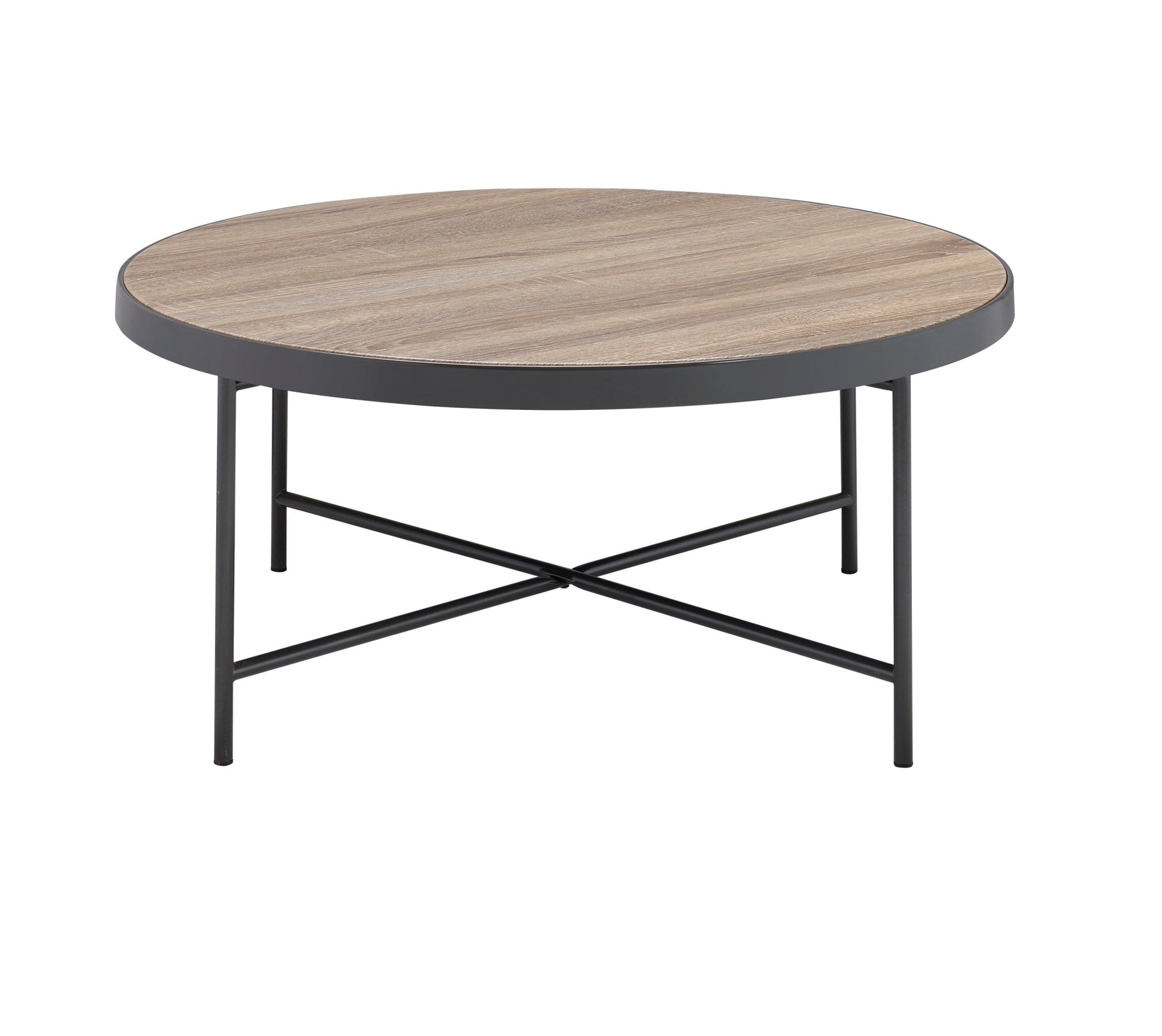 Industrial Oak Round Coffee Table with Metal Trim - 1st Choice Furniture Direct