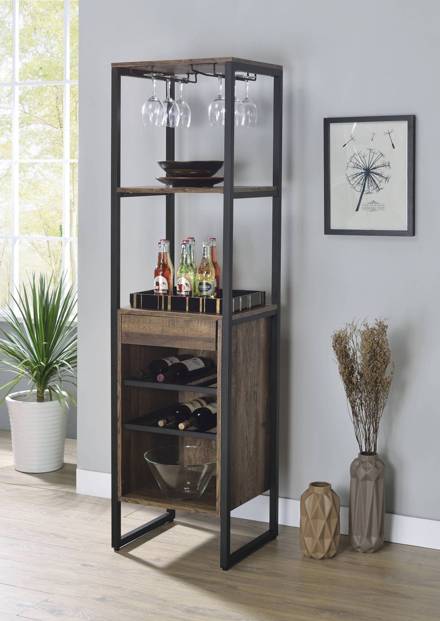 Industrial Oak Wine Rack Cabinet with Stemware Storage - 1st Choice Furniture Direct