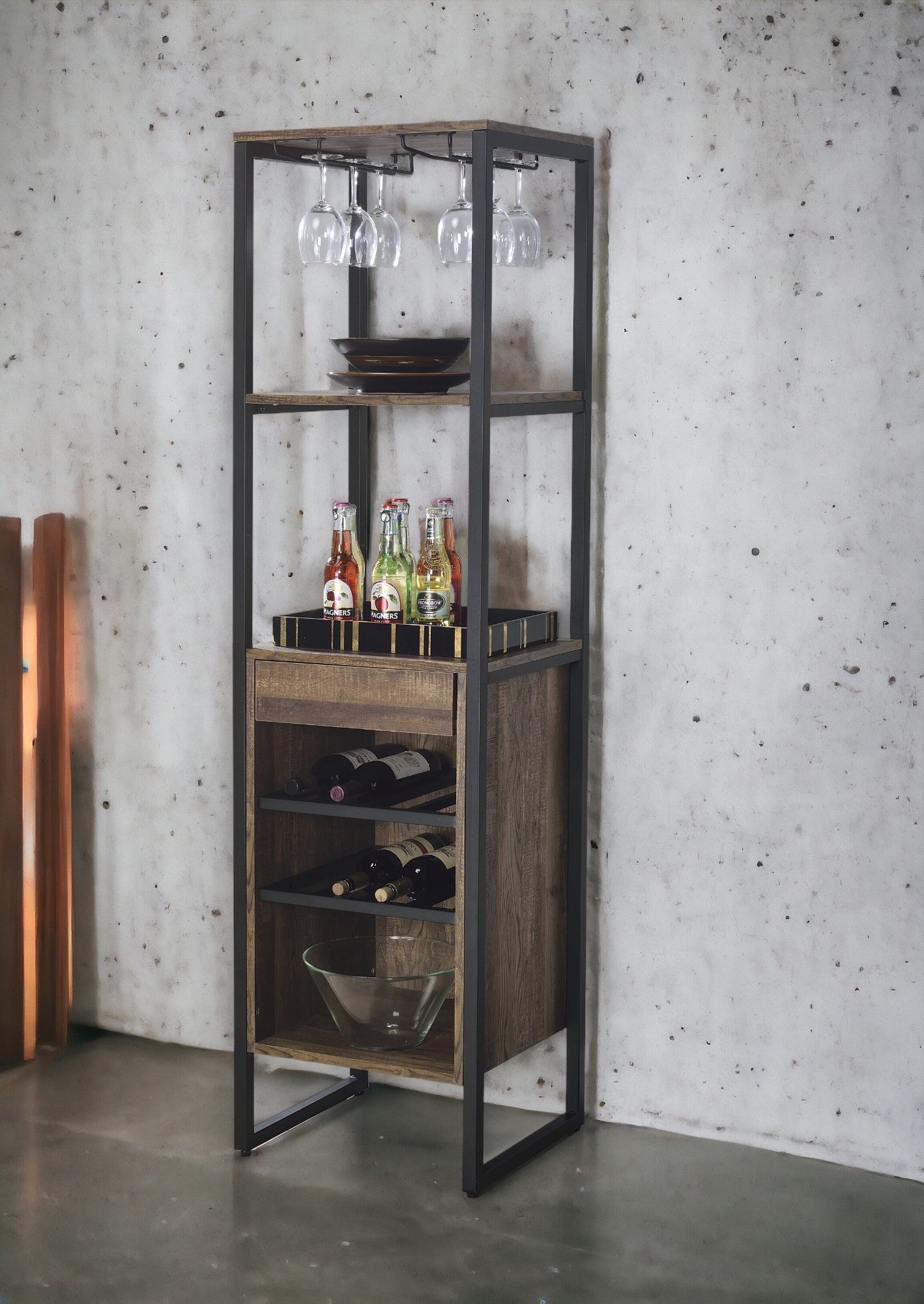 Industrial Oak Wine Rack Cabinet with Stemware Storage - 1st Choice Furniture Direct