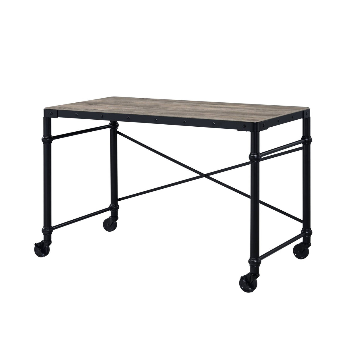 Industrial Oak Writing Desk with Rolling Wheels - 1st Choice Furniture Direct