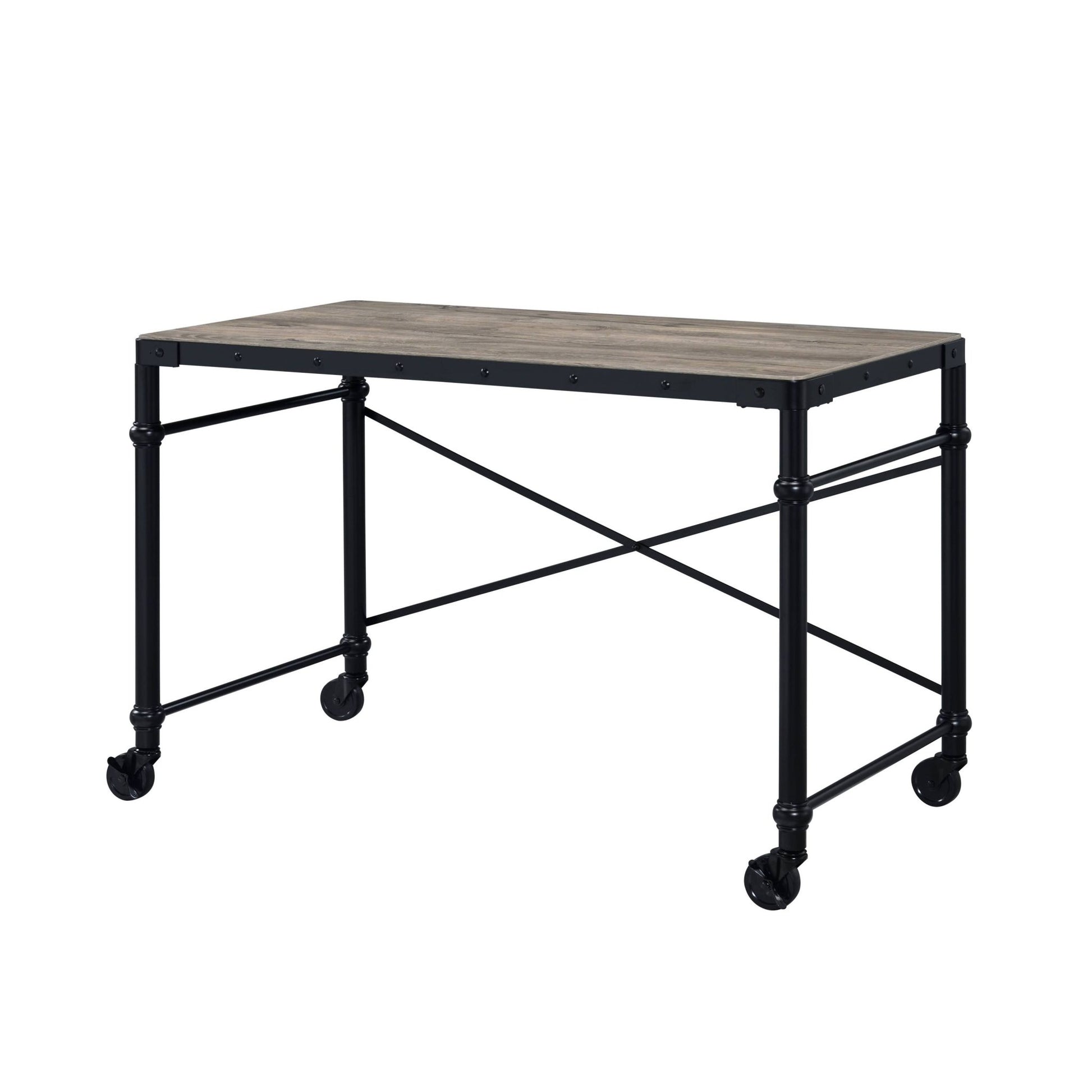 Industrial Oak Writing Desk with Rolling Wheels - 1st Choice Furniture Direct