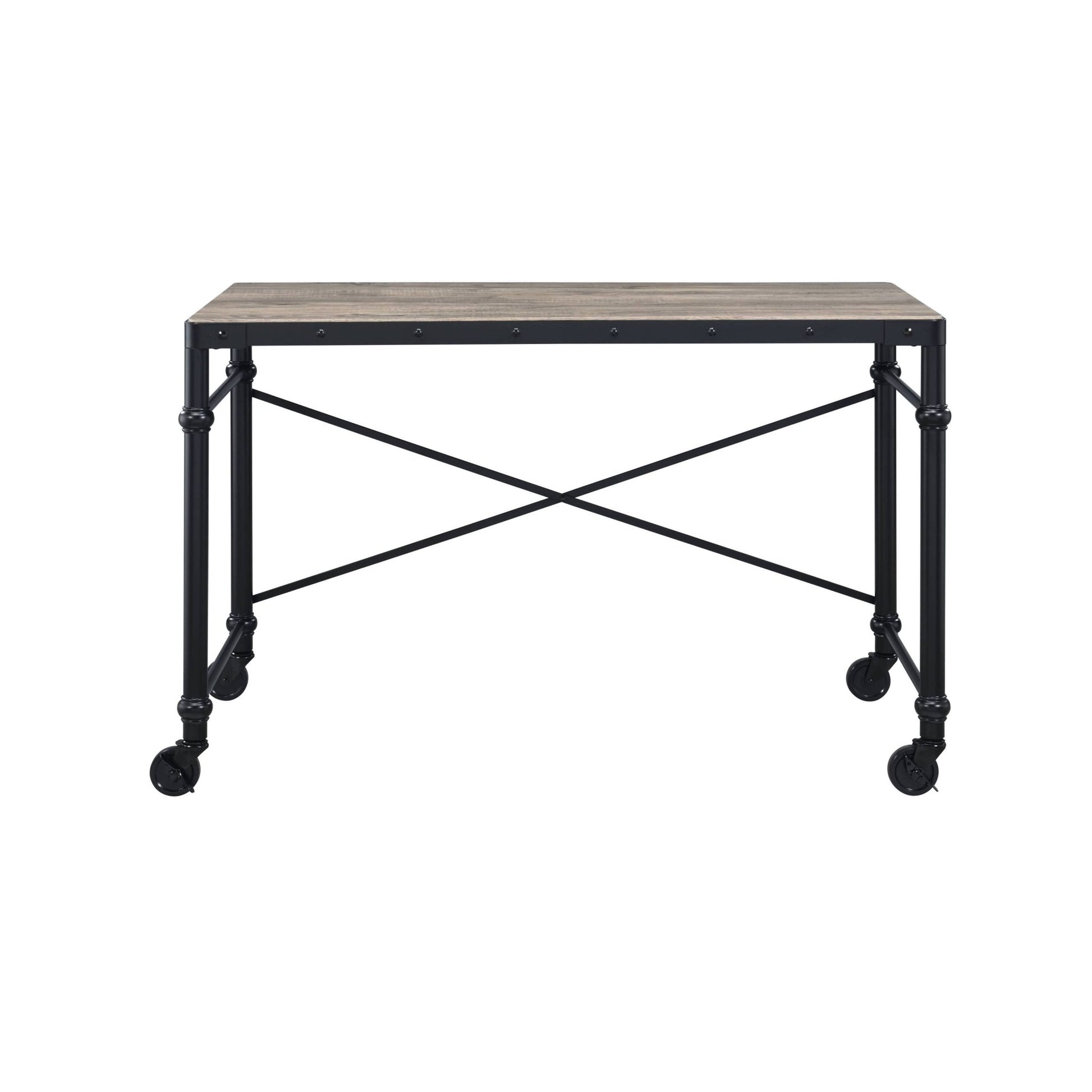 Industrial Oak Writing Desk with Rolling Wheels - 1st Choice Furniture Direct