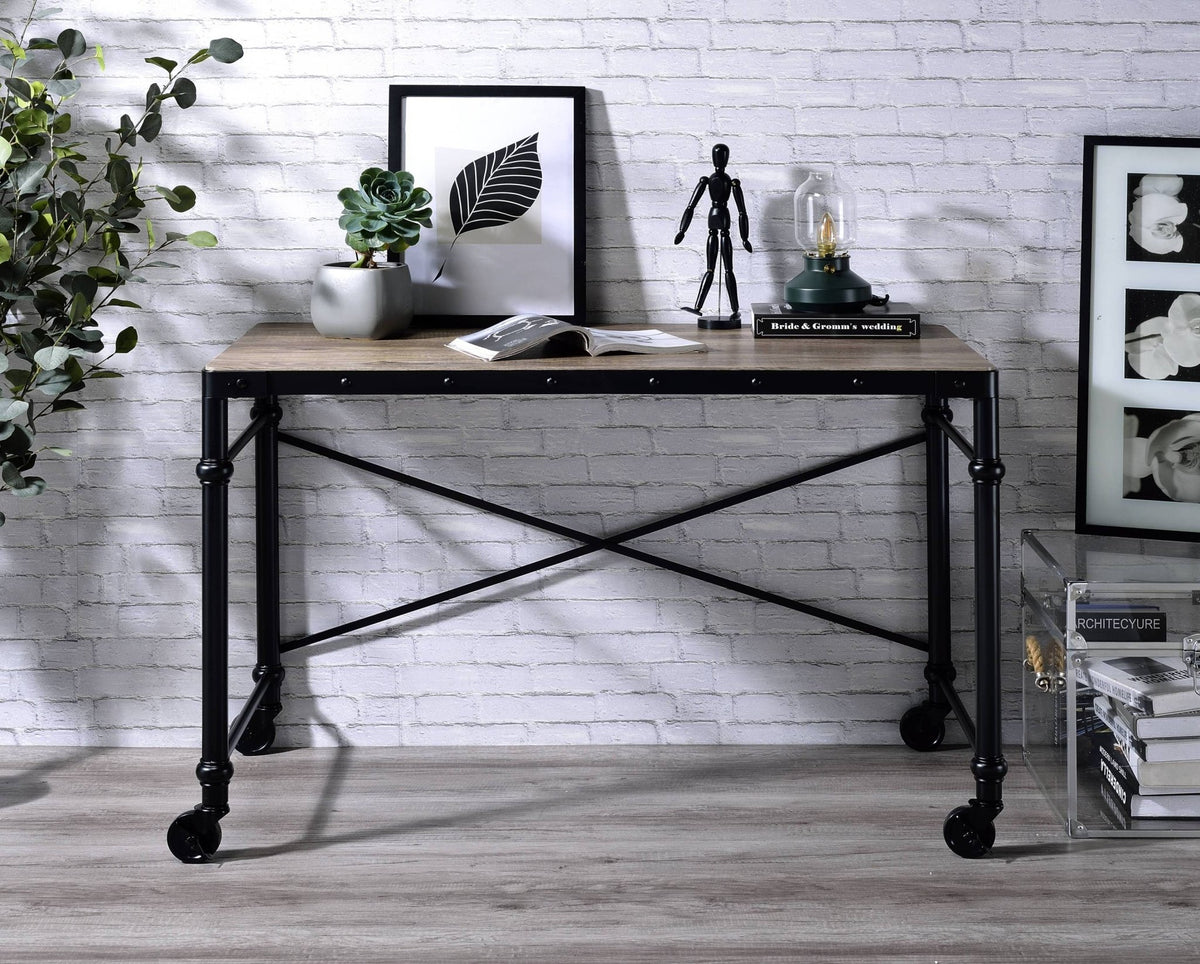 Industrial Oak Writing Desk with Rolling Wheels - 1st Choice Furniture Direct