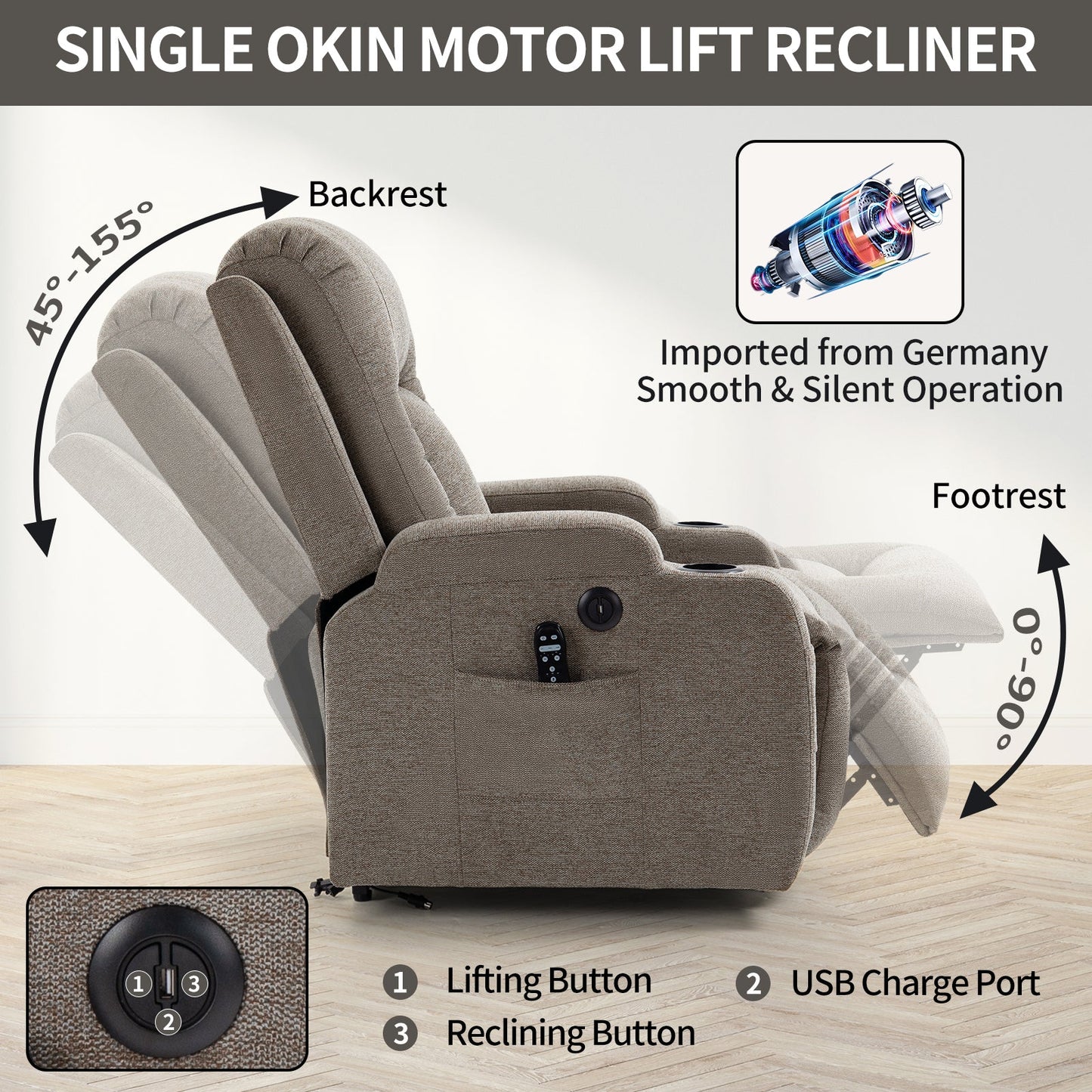 Infinite Position Single Motor Up to 350 LBS Power Lift Recliner Chair for Elderly, Heavy Duty Motion Mechanism with 8-Point Vibration Massage and Lumbar Heating, USB Charging Port, Cup Holders, Brown - 1st Choice Furniture Direct