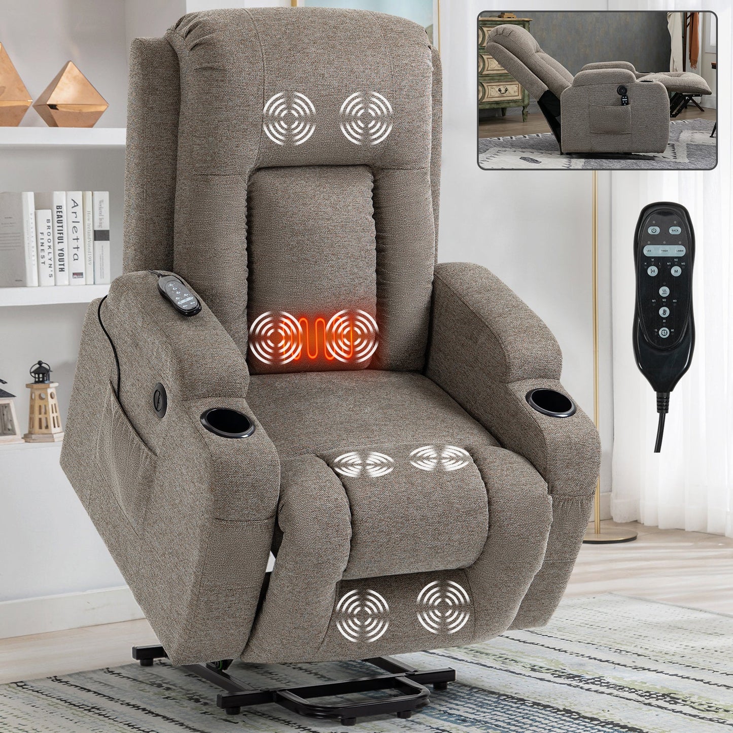 Infinite Position Single Motor Up to 350 LBS Power Lift Recliner Chair for Elderly, Heavy Duty Motion Mechanism with 8-Point Vibration Massage and Lumbar Heating, USB Charging Port, Cup Holders, Brown - 1st Choice Furniture Direct