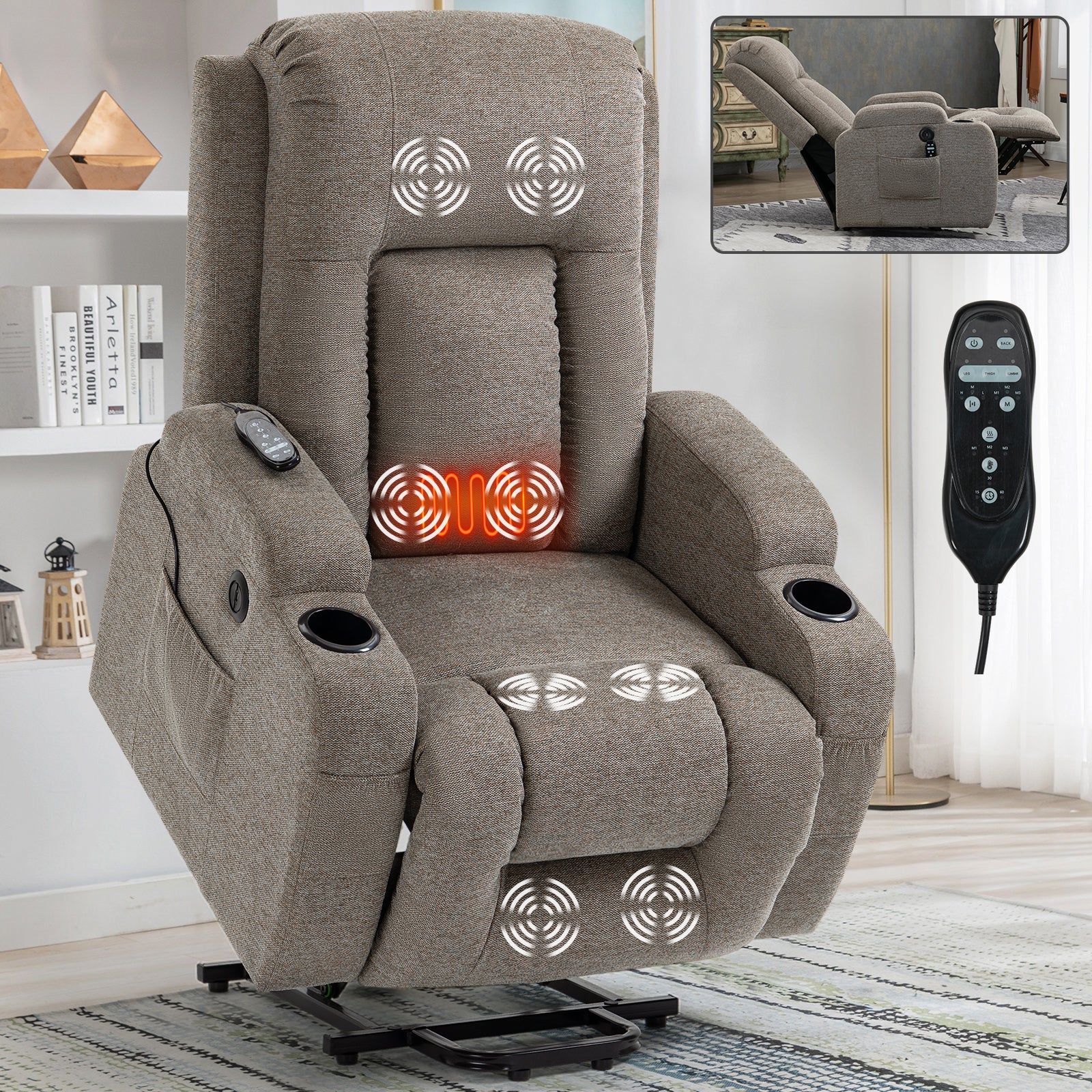 Infinite Position Single Motor Up to 350 LBS Power Lift Recliner Chair for Elderly, Heavy Duty Motion Mechanism with 8-Point Vibration Massage and Lumbar Heating, USB Charging Port, Cup Holders, Brown - 1st Choice Furniture Direct