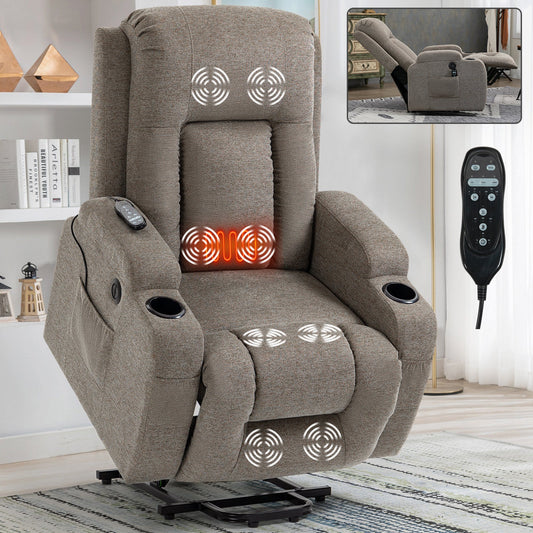 Infinite Position Single Motor Up to 350 LBS Power Lift Recliner Chair for Elderly, Heavy Duty Motion Mechanism with 8-Point Vibration Massage and Lumbar Heating, USB Charging Port, Cup Holders, Brown - 1st Choice Furniture Direct