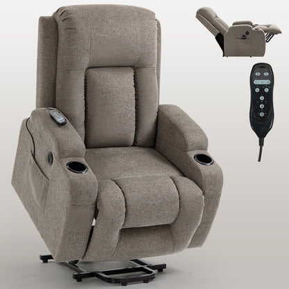 Infinite Position Single Motor Up to 350 LBS Power Lift Recliner Chair for Elderly, Heavy Duty Motion Mechanism with 8-Point Vibration Massage and Lumbar Heating, USB Charging Port, Cup Holders, Brown - 1st Choice Furniture Direct