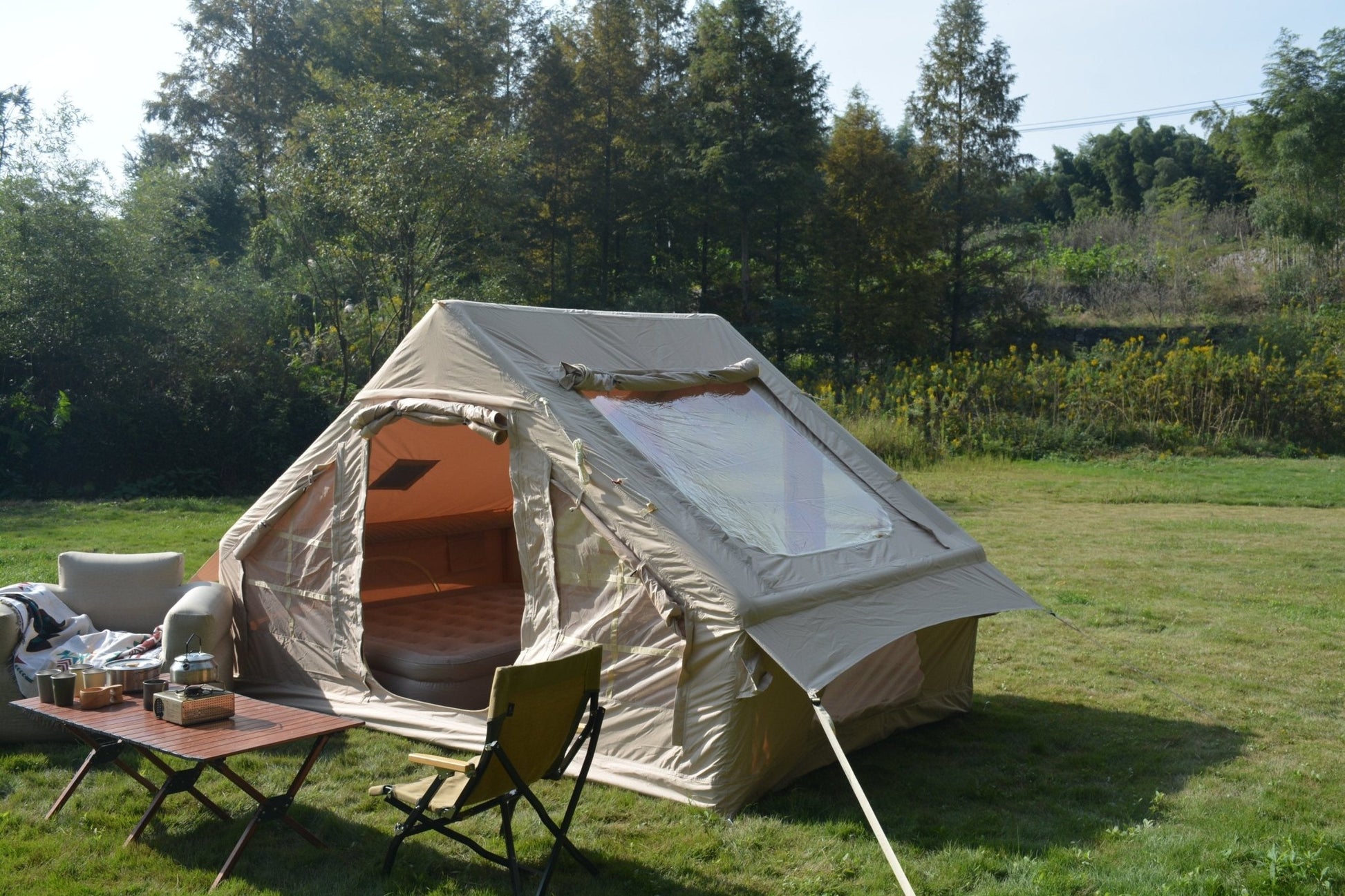 Inflatable Camping Tent Easy Setup 4 Season Glamping Tent with High Performance Inflatable Structure 4 - 6 Persons Waterproof Windproof Outdoor Self - Supporting Blow up Tent Air Tent Portable House Beige - 1st Choice Furniture Direct