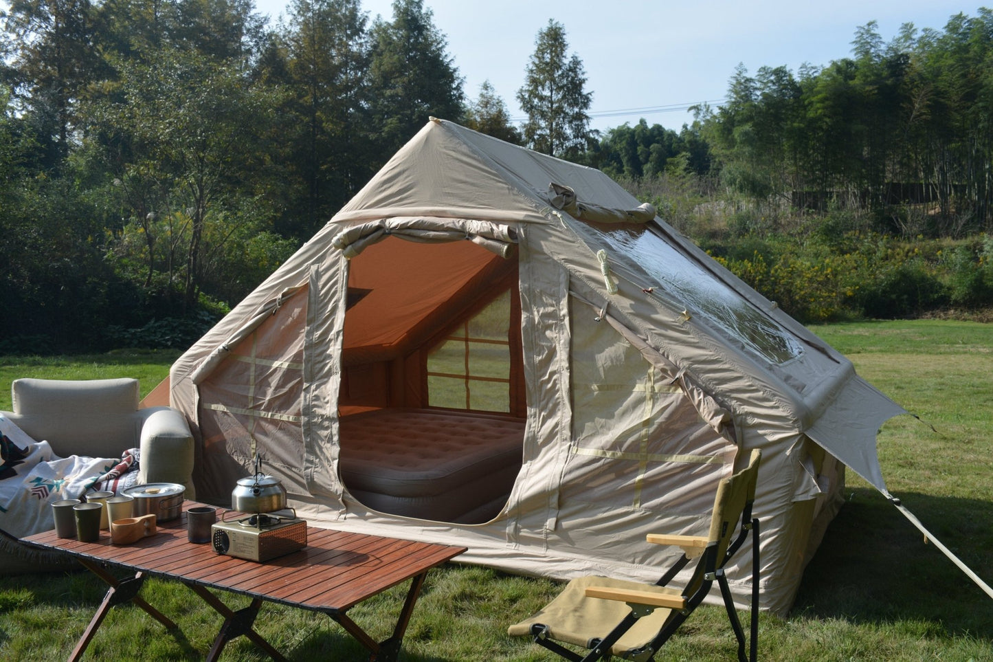 Inflatable Camping Tent Easy Setup 4 Season Glamping Tent with High Performance Inflatable Structure 4 - 6 Persons Waterproof Windproof Outdoor Self - Supporting Blow up Tent Air Tent Portable House Beige - 1st Choice Furniture Direct