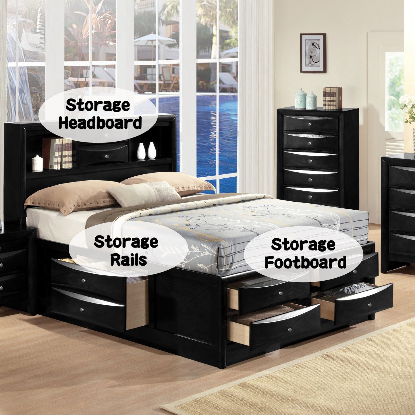 Ireland Black Finish EK Bed W/Storage - 1st Choice Furniture Direct