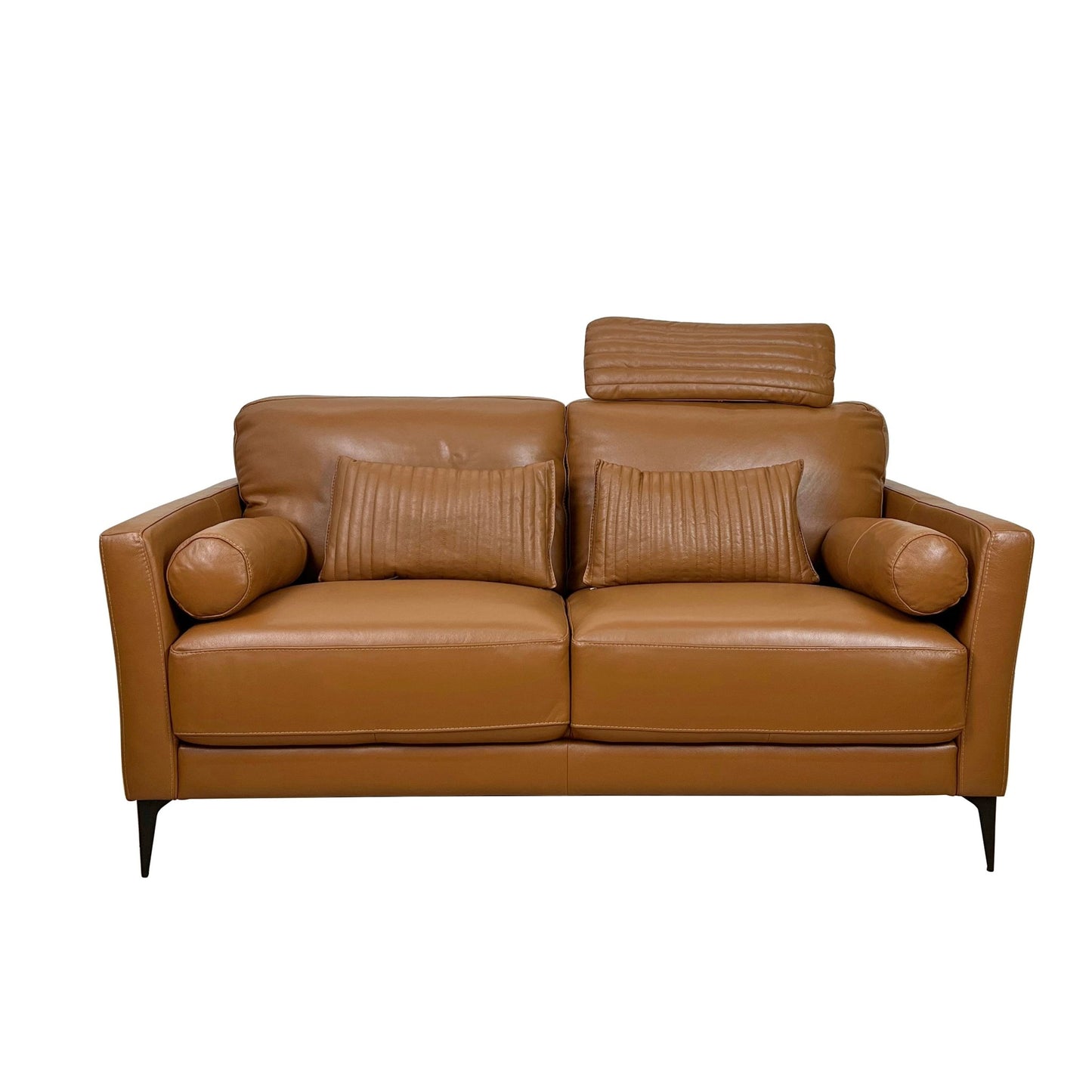 Italian Tan Leather Loveseat with Accent Pillows - 1st Choice Furniture Direct