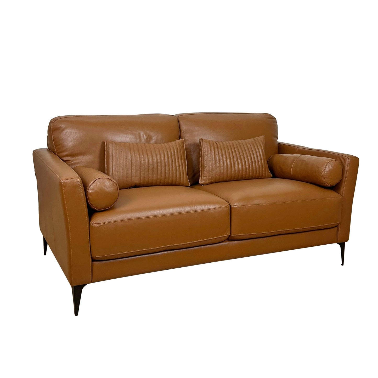 Italian Tan Leather Loveseat with Accent Pillows - 1st Choice Furniture Direct
