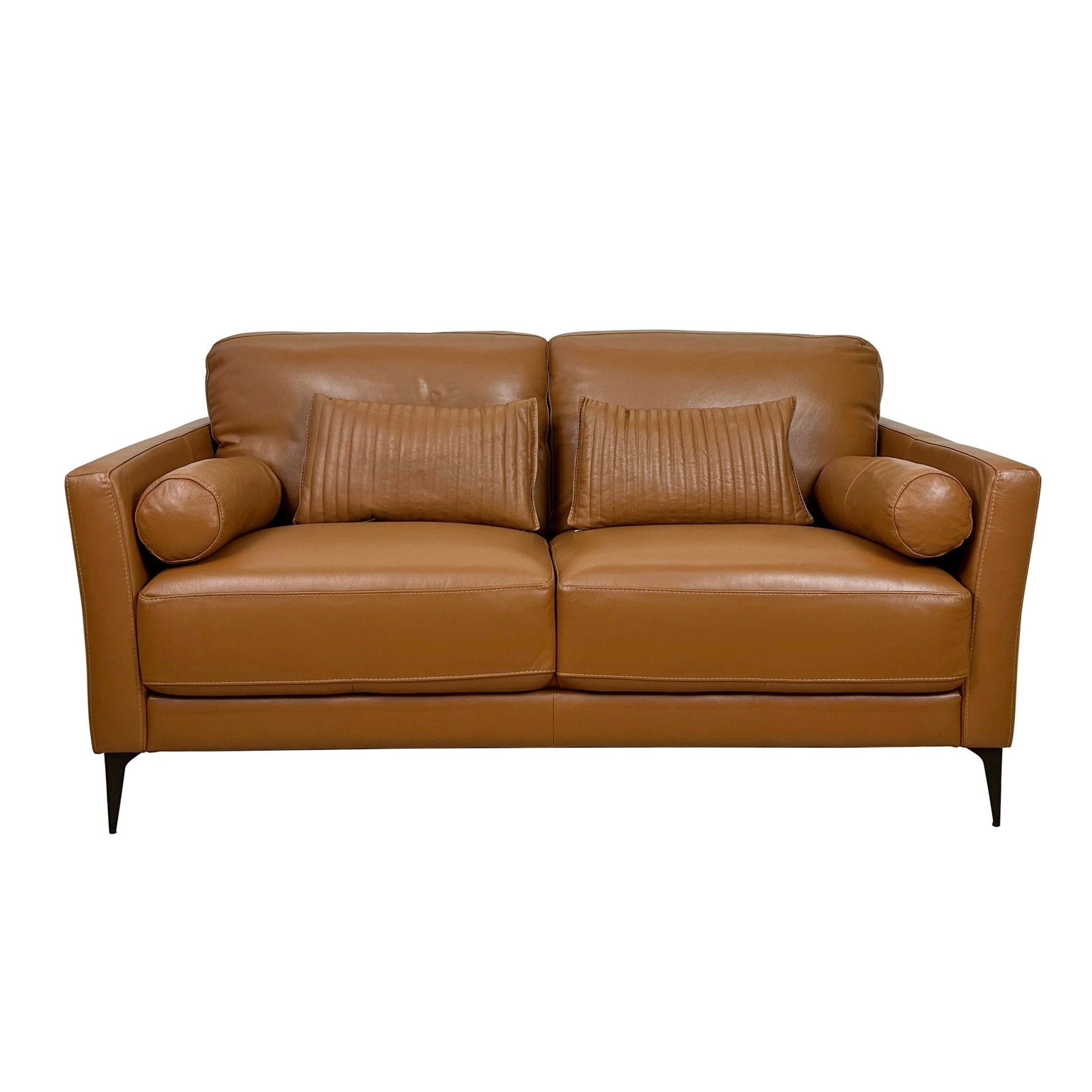 Italian Tan Leather Loveseat with Accent Pillows - 1st Choice Furniture Direct