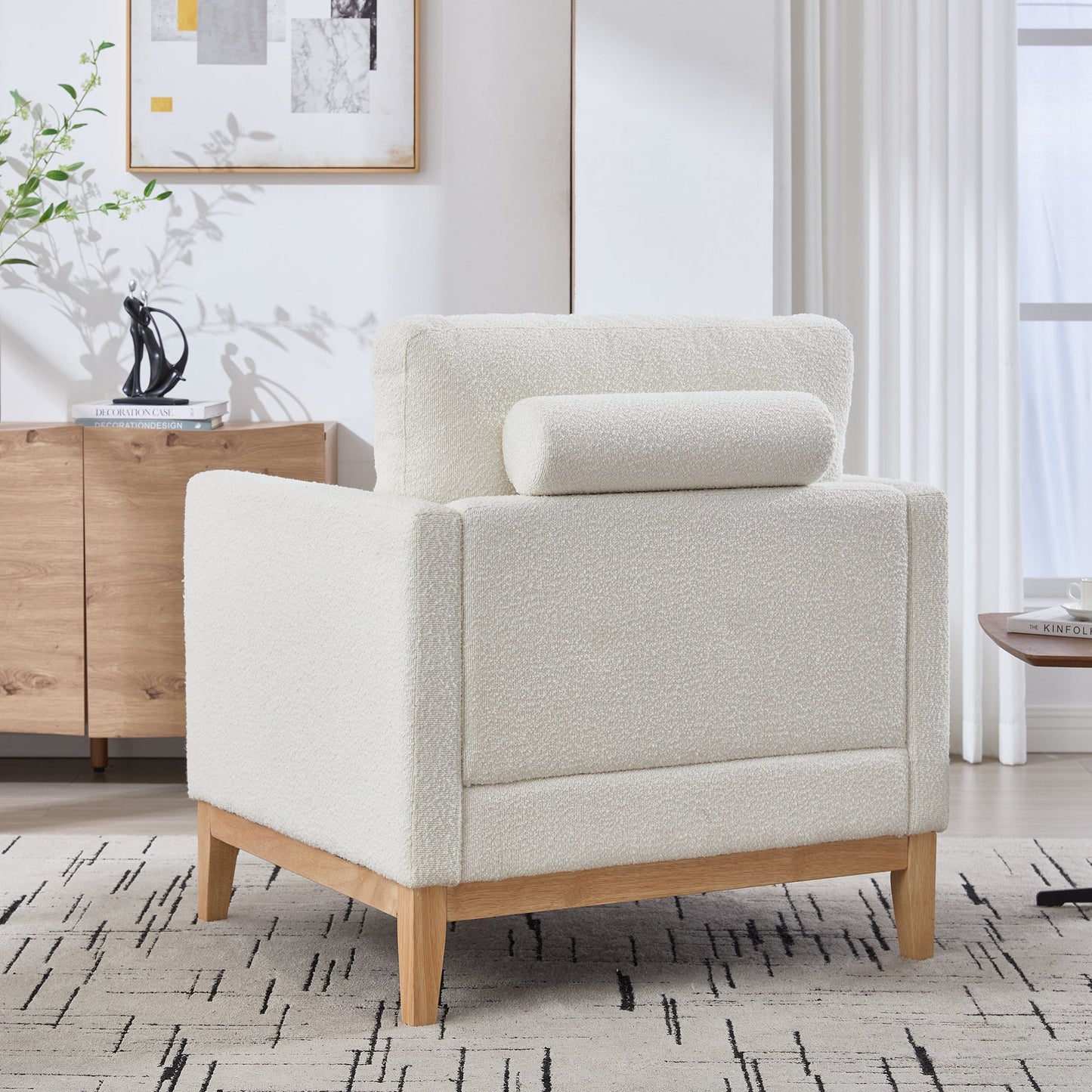Ivory Boucle Accent Chair with Pillows – Modern Upholstered Leisure Arm Chair - 1st Choice Furniture Direct