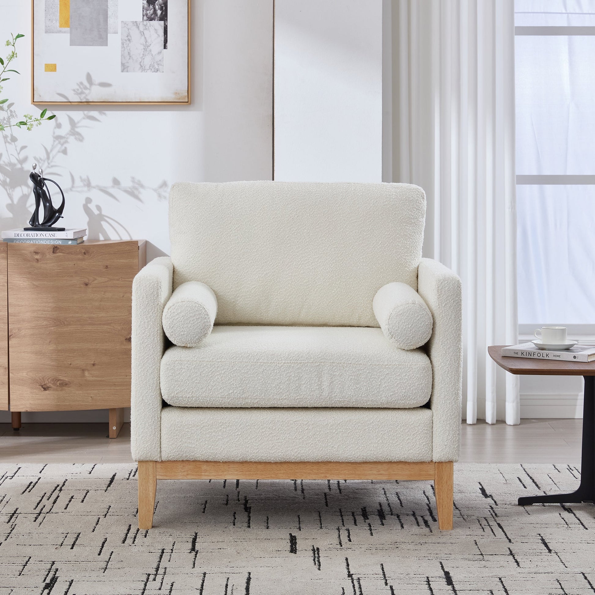 Ivory Boucle Accent Chair with Pillows – Modern Upholstered Leisure Arm Chair - 1st Choice Furniture Direct