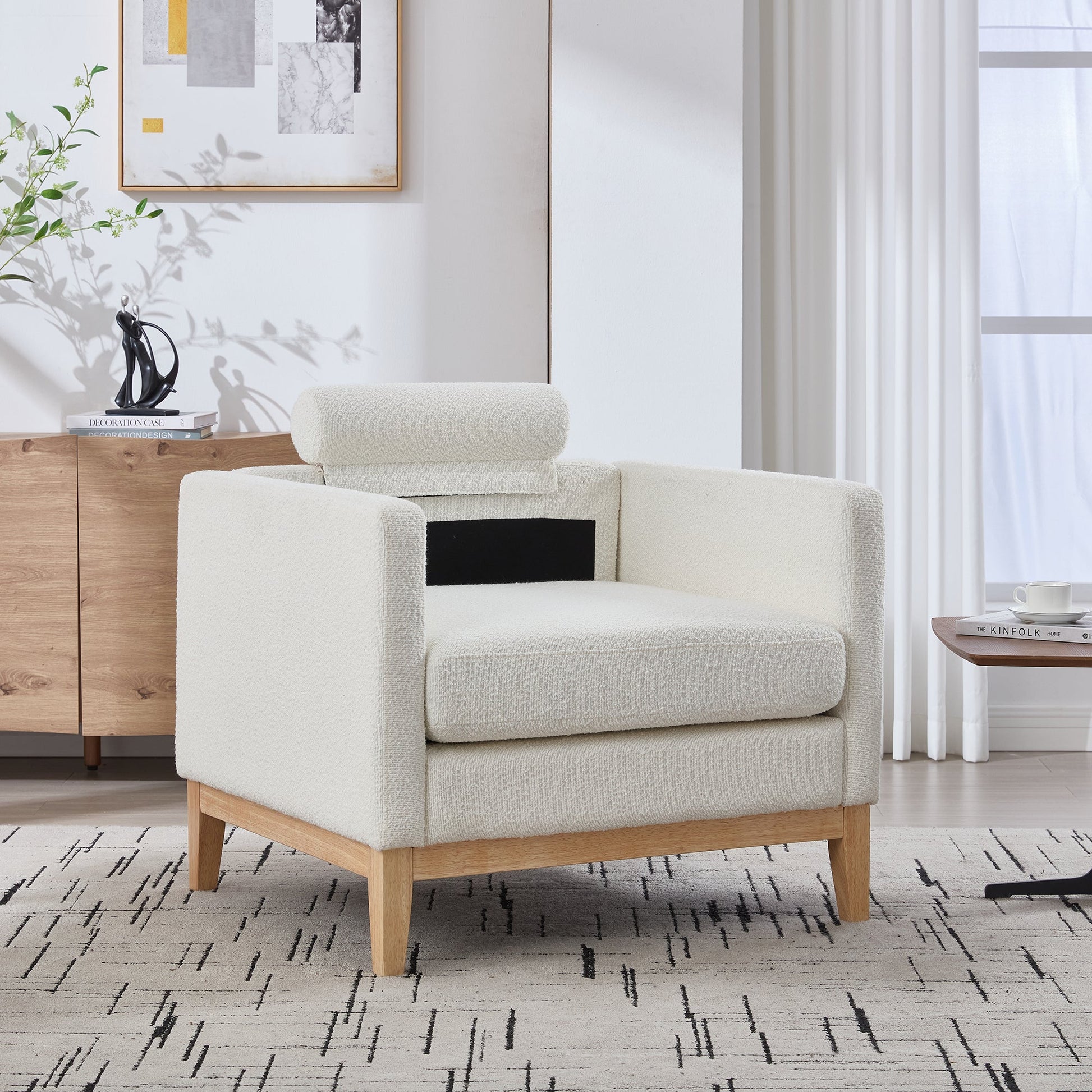 Ivory Boucle Accent Chair with Pillows – Modern Upholstered Leisure Arm Chair - 1st Choice Furniture Direct