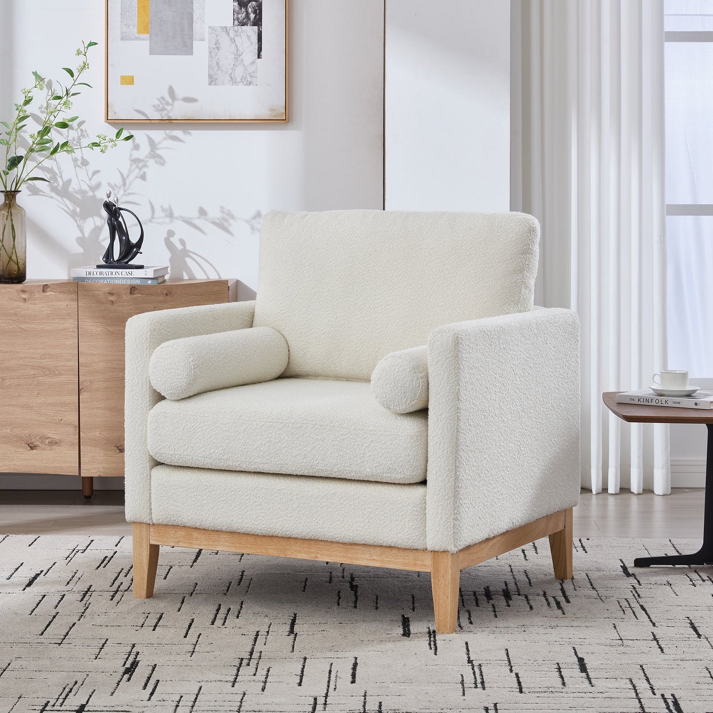 Ivory Boucle Accent Chair with Pillows – Modern Upholstered Leisure Arm Chair - 1st Choice Furniture Direct