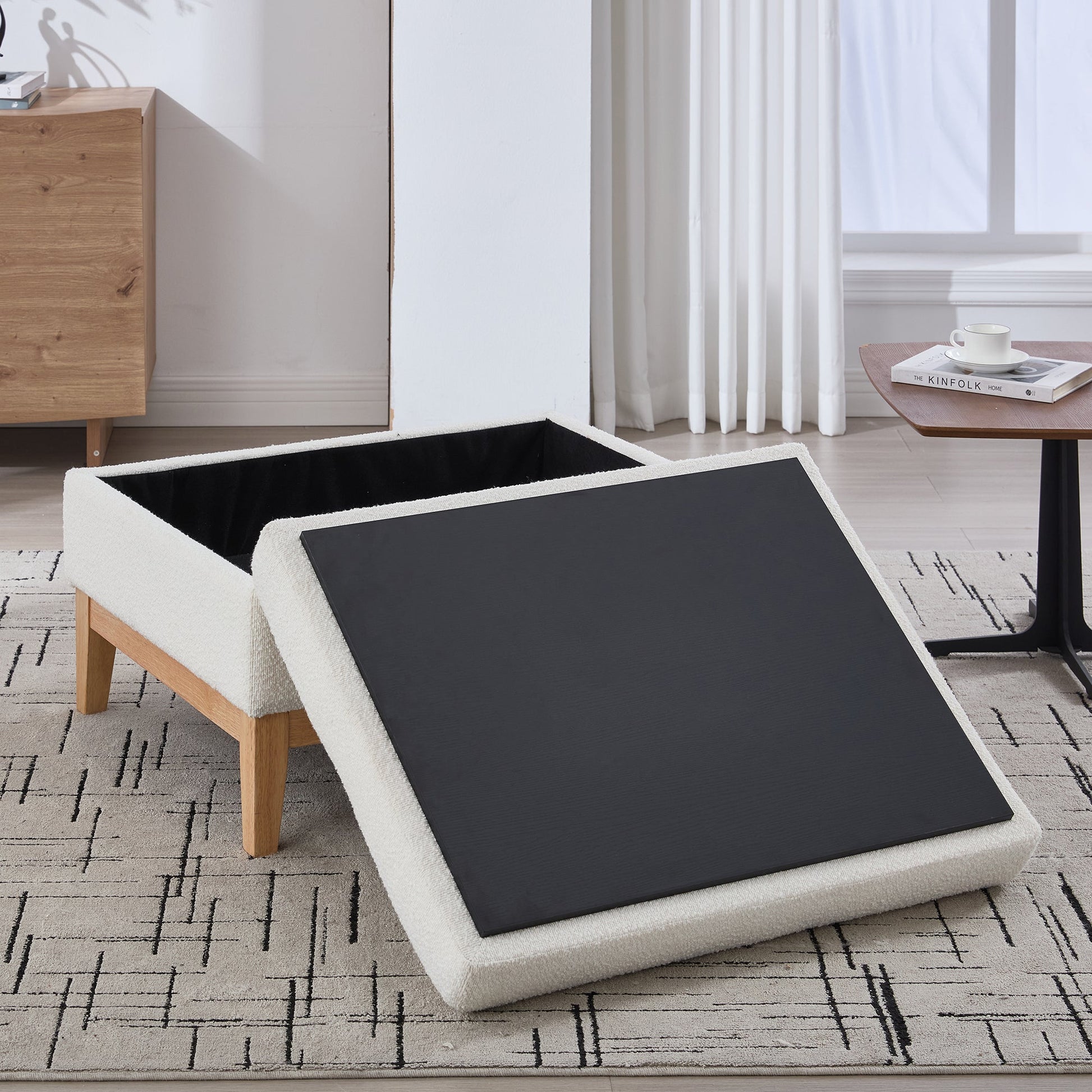 Ivory Boucle Storage Ottoman Bench – Modern Upholstered Footstool with Hidden Storage - 1st Choice Furniture Direct