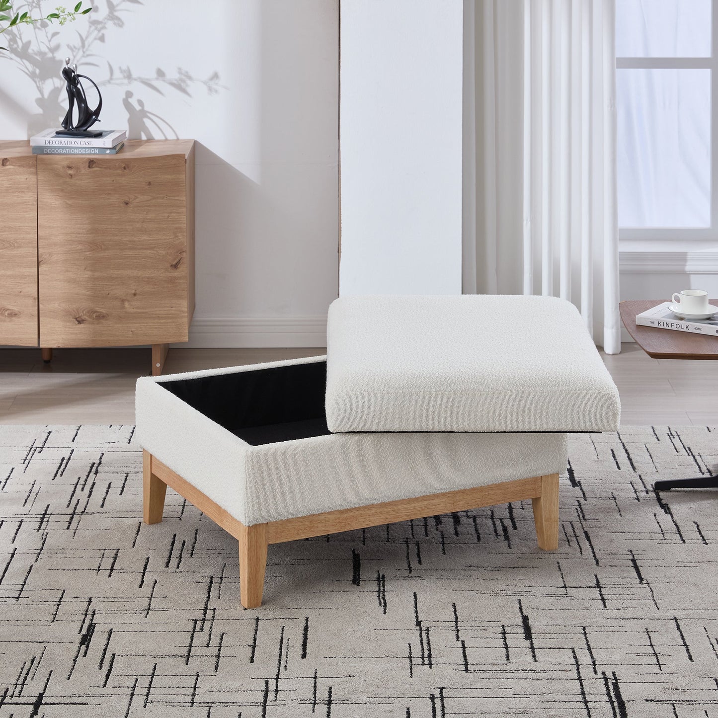 Ivory Boucle Storage Ottoman Bench – Modern Upholstered Footstool with Hidden Storage - 1st Choice Furniture Direct