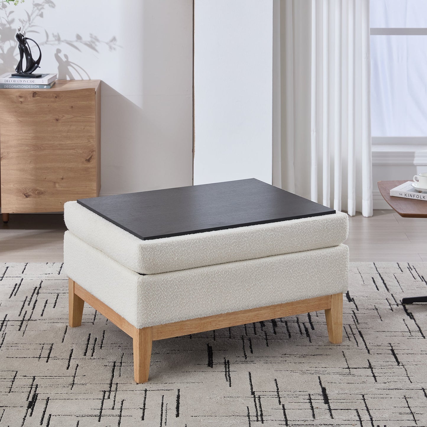 Ivory Boucle Storage Ottoman Bench – Modern Upholstered Footstool with Hidden Storage - 1st Choice Furniture Direct