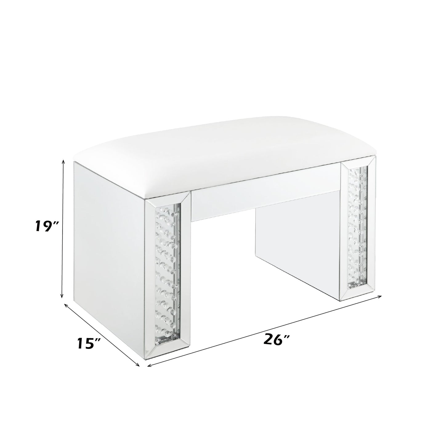 Ivory Faux Leather Mirrored Vanity Bench with Faux Crystal Inlay - 1st Choice Furniture Direct