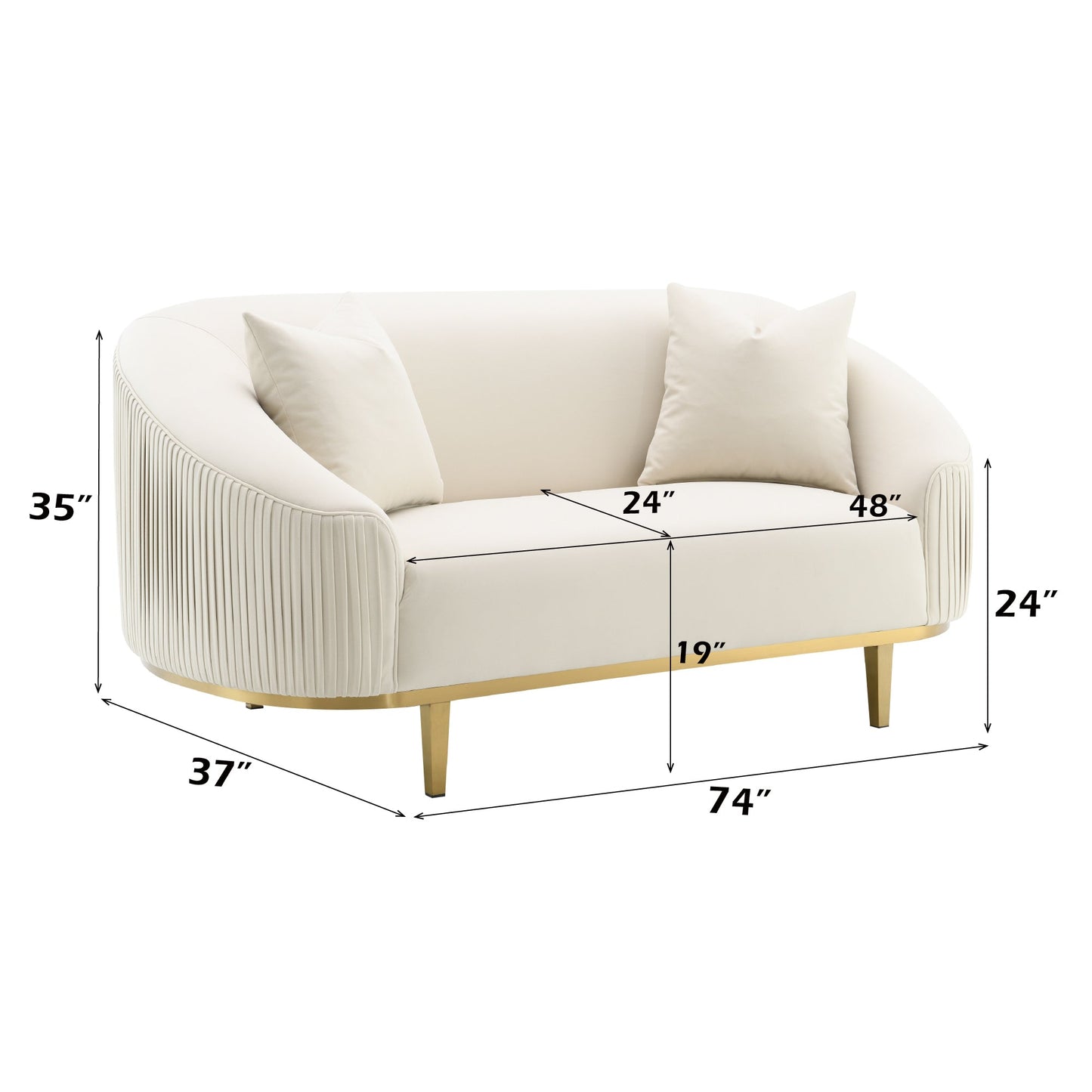 Ivory Velvet Loveseat with Gold Metal Legs & Accent Pillows - 1st Choice Furniture Direct