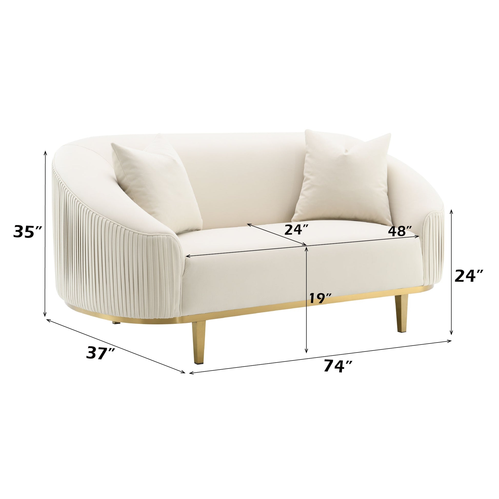 Ivory Velvet Loveseat with Gold Metal Legs & Accent Pillows - 1st Choice Furniture Direct