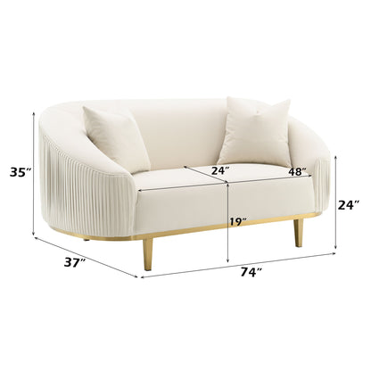 Ivory Velvet Loveseat with Gold Metal Legs & Accent Pillows - 1st Choice Furniture Direct