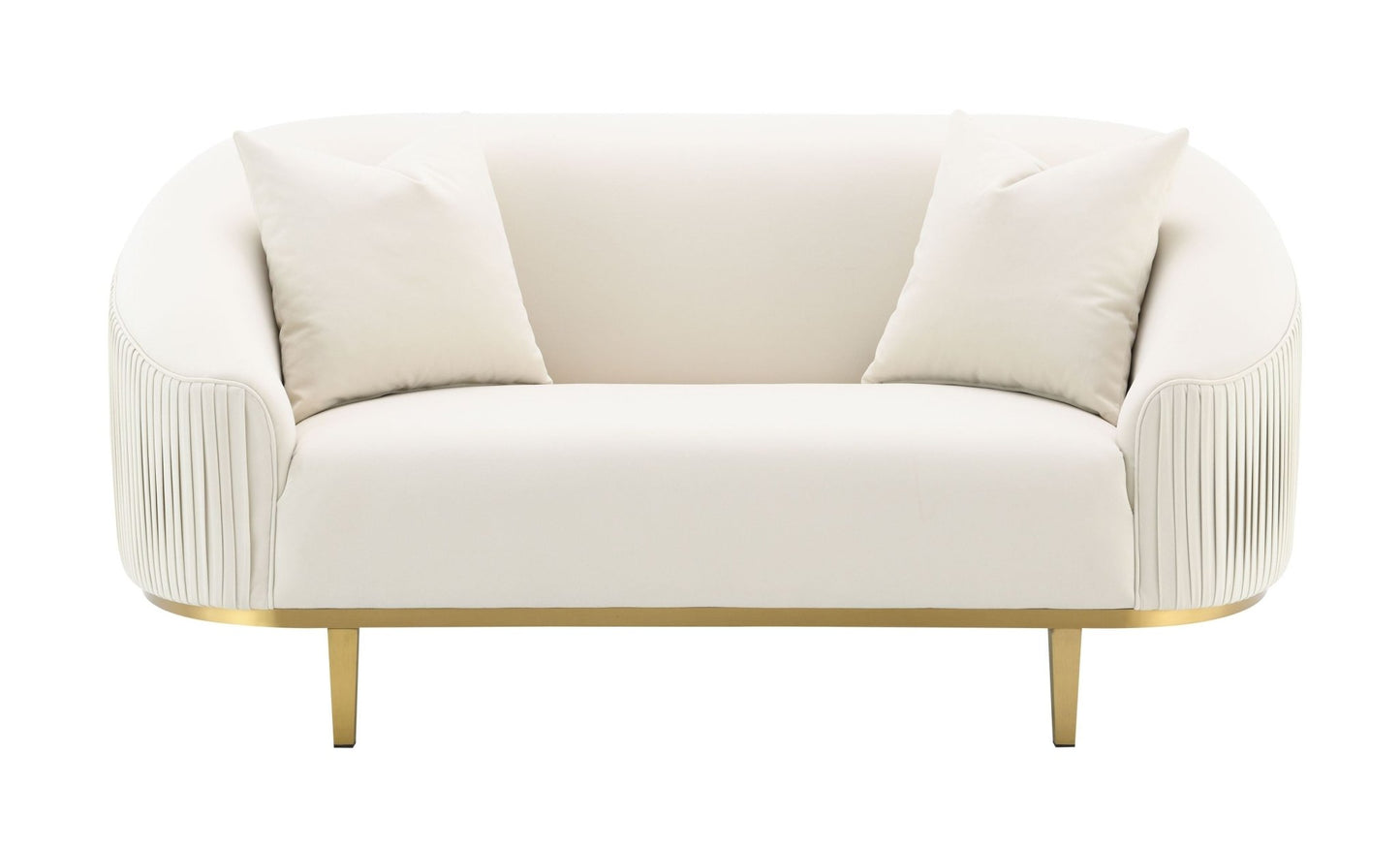 Ivory Velvet Loveseat with Gold Metal Legs & Accent Pillows - 1st Choice Furniture Direct