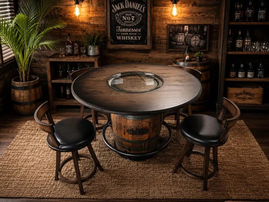Jack Daniel's Whiskey Barrel Pub Table | 54" Rustic Hickory Top - 1st Choice Furniture Direct
