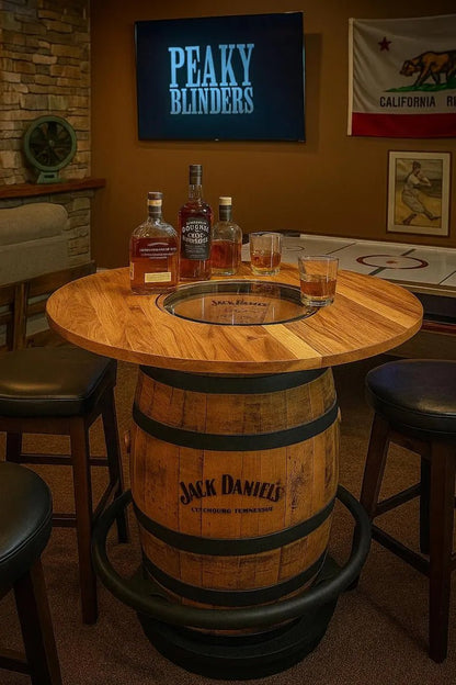 Jack Daniel’s Whiskey Barrel Table | 48" Burnt Hickory Top with Glass Inlay – Handcrafted Rustic Bar Table - 1st Choice Furniture Direct
