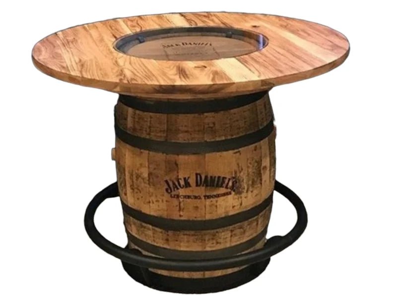 Jack Daniel’s Whiskey Barrel Table | 48" Burnt Hickory Top with Glass Inlay – Handcrafted Rustic Bar Table - 1st Choice Furniture Direct
