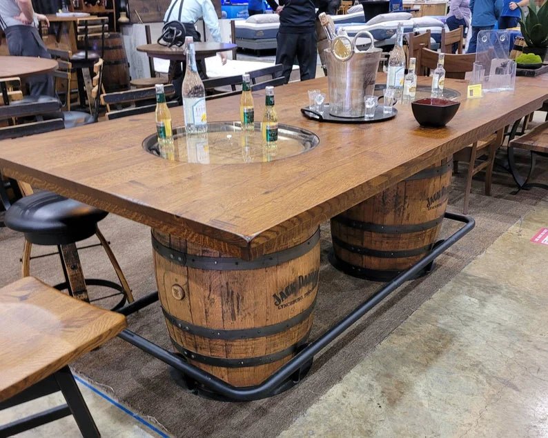 Jack Daniel’s® Whiskey Barrel Table | Double Barrel Bar Table with Reclaimed Wood Top (84") - 1st Choice Furniture Direct
