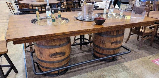 Jack Daniel’s® Whiskey Barrel Table | Double Barrel Bar Table with Reclaimed Wood Top (84") - 1st Choice Furniture Direct