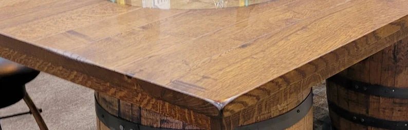 Jack Daniel’s® Whiskey Barrel Table | Double Barrel Bar Table with Reclaimed Wood Top (84") - 1st Choice Furniture Direct
