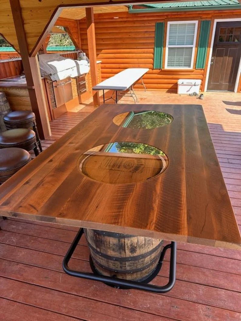 Jack Daniel’s® Whiskey Barrel Table | Double Barrel Bar Table with Reclaimed Wood Top (84") - 1st Choice Furniture Direct