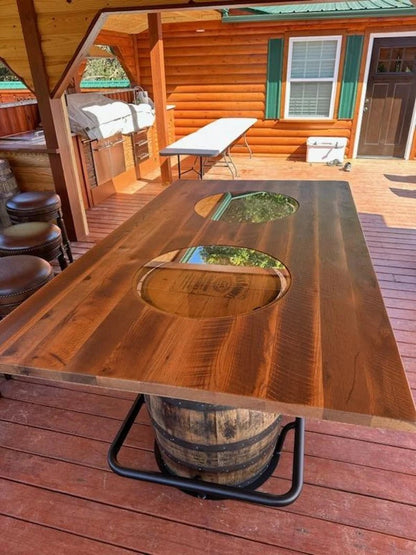 Jack Daniel’s® Whiskey Barrel Table | Double Barrel Bar Table with Reclaimed Wood Top (84") - 1st Choice Furniture Direct