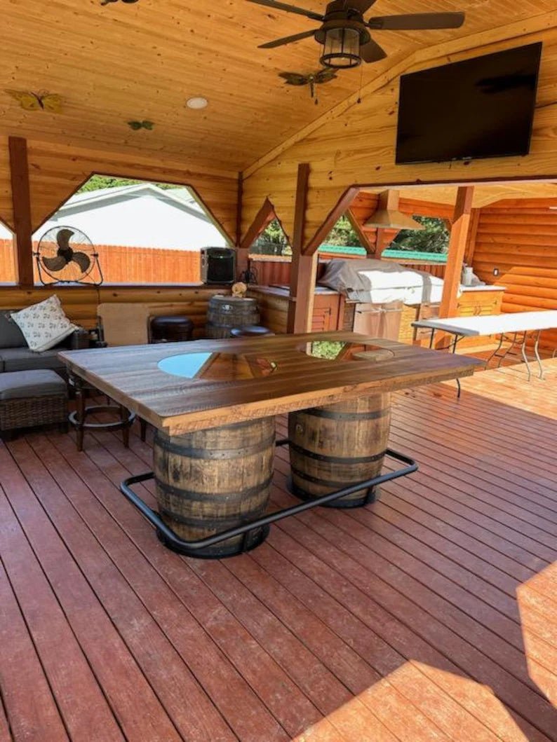 Jack Daniel's Whiskey Barrel Table, Reclaimed Barn Wood Top, Metal Footrest - 1st Choice Furniture Direct