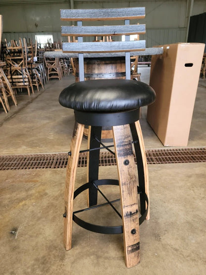 Jack Daniels Whiskey Barrel Table Set, Stave Stools, Glass Inlay, Metal Footrest - 1st Choice Furniture Direct
