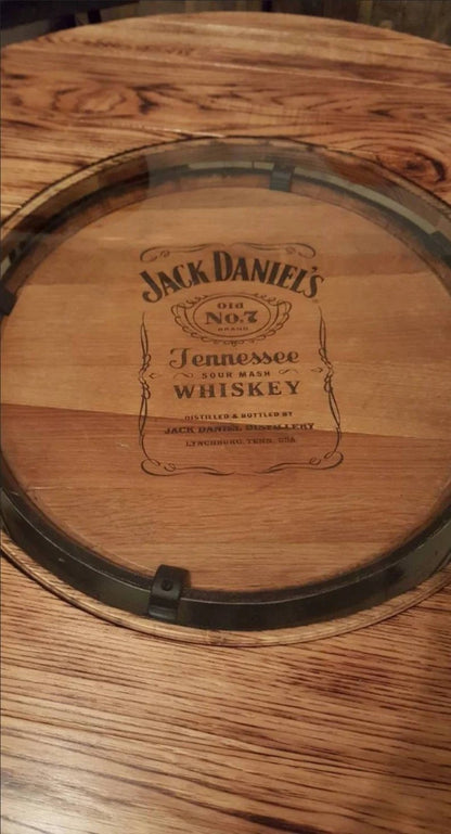 Jack Daniels Whiskey Barrel Table Set, Stave Stools, Glass Inlay, Metal Footrest - 1st Choice Furniture Direct