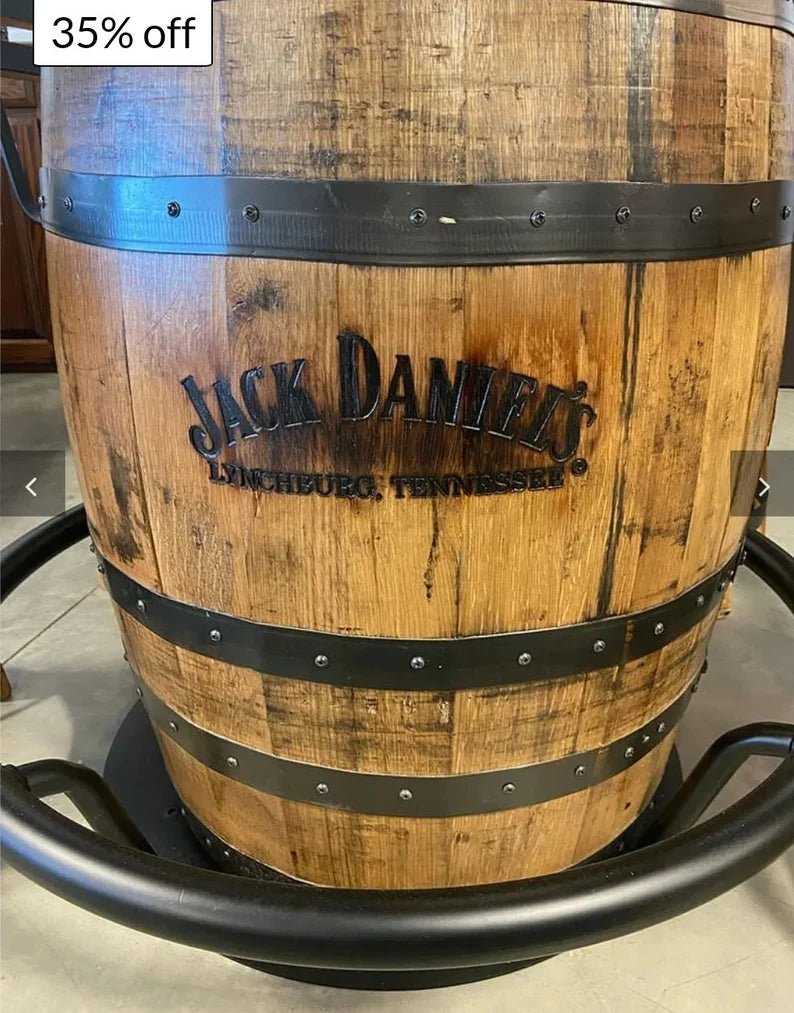 Jack Daniels Whiskey Barrel Table Set, Stave Stools, Glass Inlay, Metal Footrest - 1st Choice Furniture Direct
