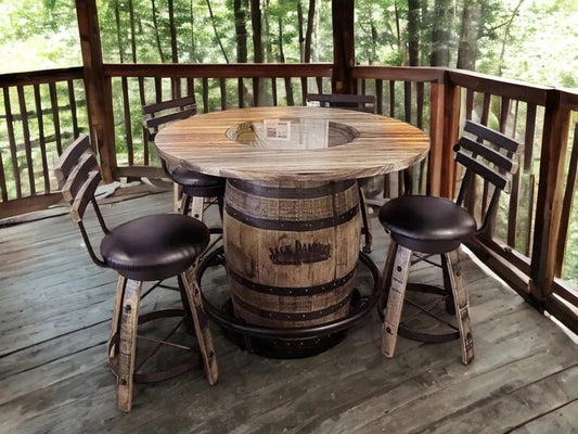 Jack Daniels Whiskey Barrel Table Set, Stave Stools, Glass Inlay, Metal Footrest - 1st Choice Furniture Direct
