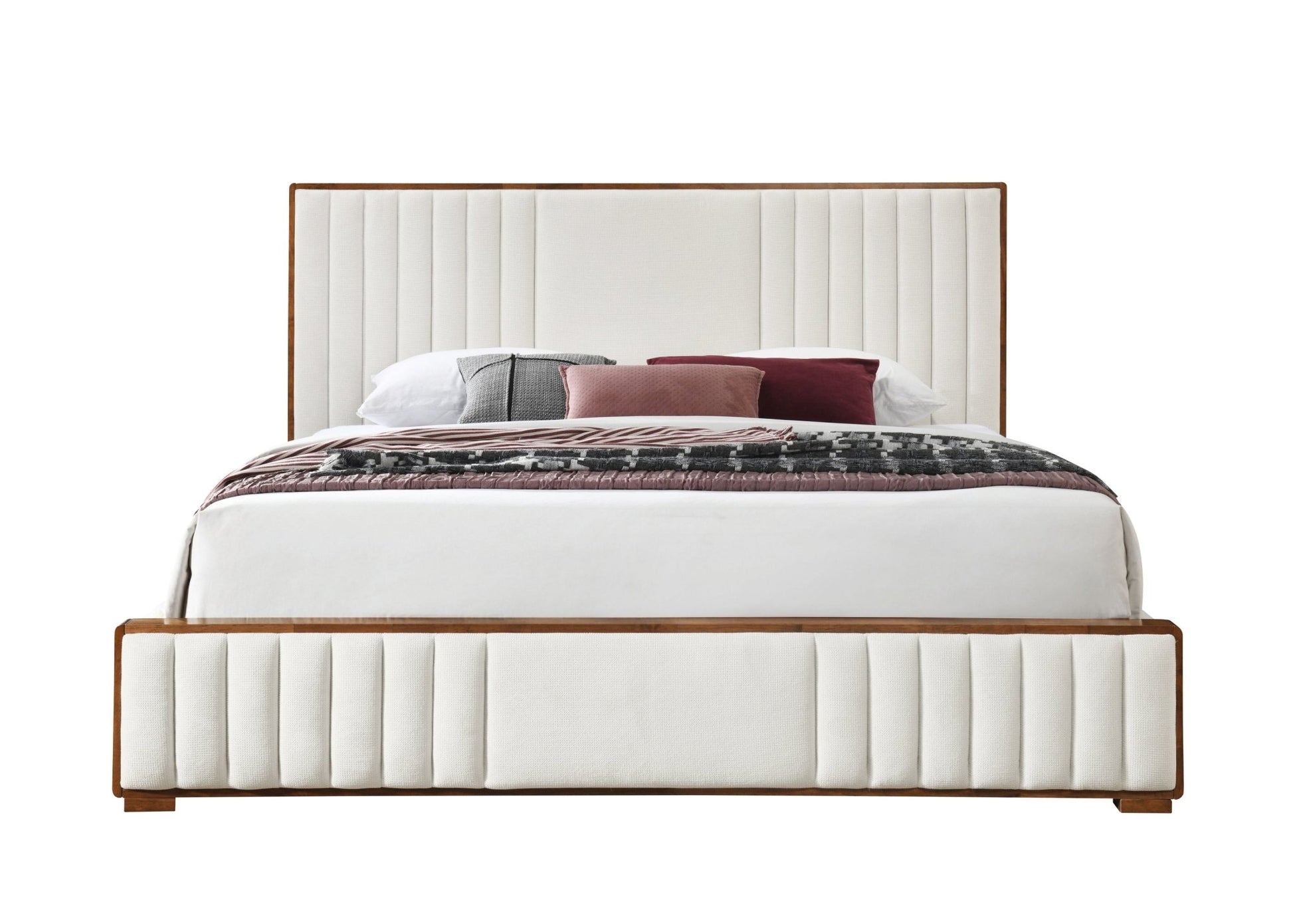 Kaleea Beige Chenille & Walnut Finish EK Bed - 1st Choice Furniture Direct